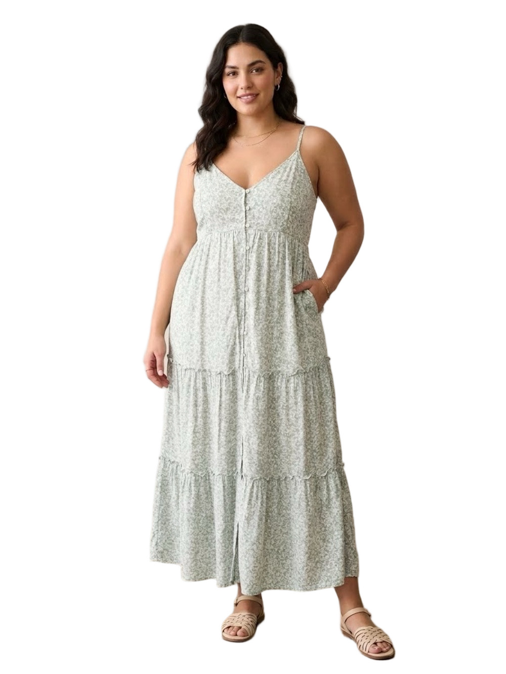 Abercrombie & Fitch Sage Green Floral Spaghetti-Strap Tiered Maxi Dress Size M